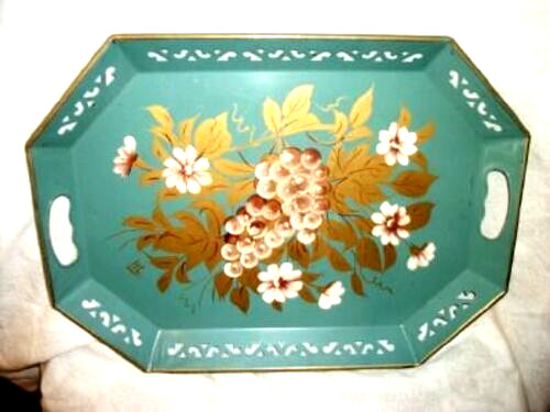 VINTAGE AQUA HP TOLE TRAY GRAPES FLOWERS RETICULATED EDGE HANDLES 1950s MCM