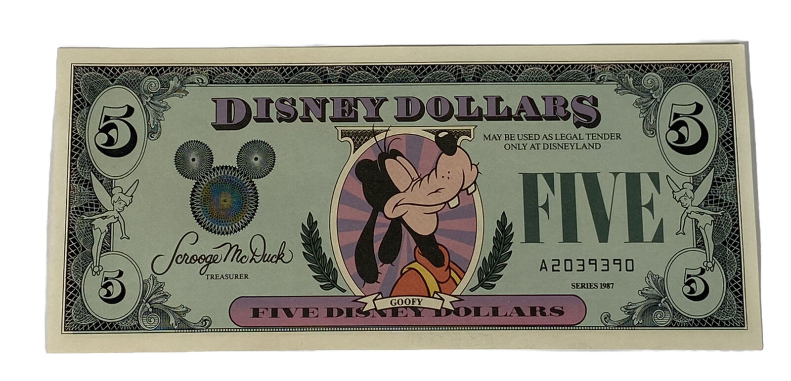 1987-A Block. $5 Disney Dollars. First Edition. Goofy.