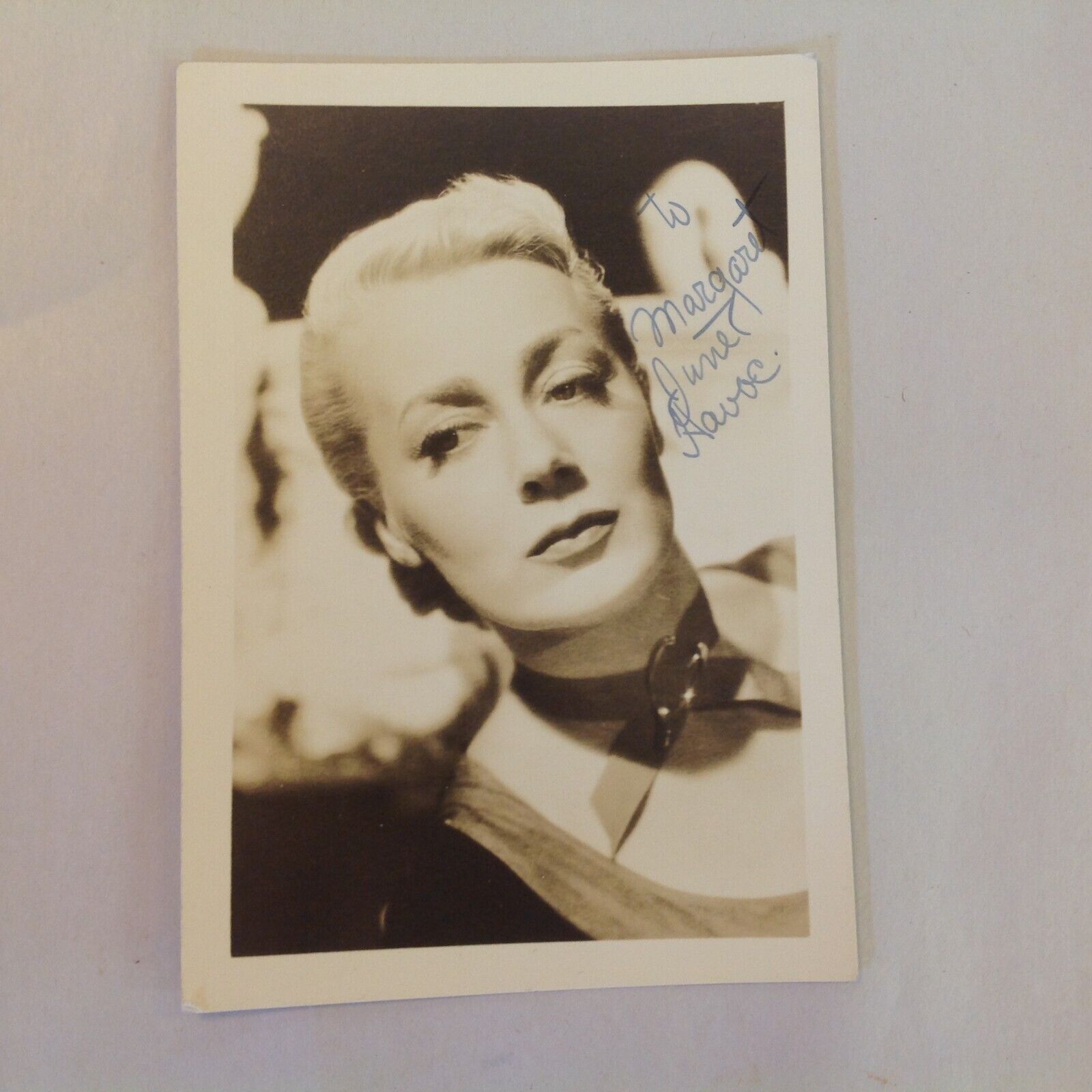 Vintage B&W Signed Photograph June Havoc Head Shot Blonde Glance Ribbon Collar