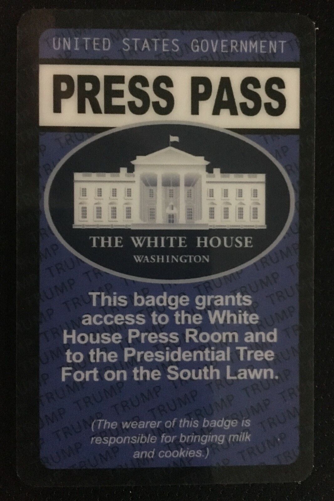 White House Press Pass ID Joke Novelty Gag card Trump President Maga