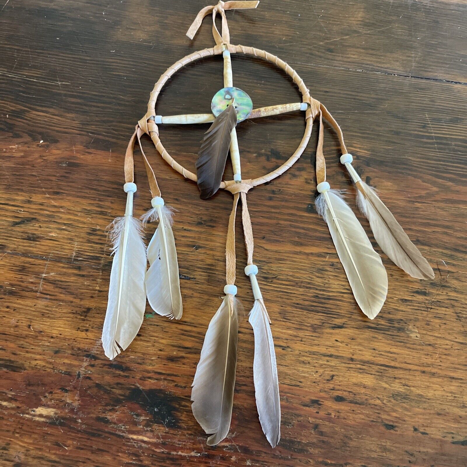 HANDMADE NATIVE AMERICAN LEATHER ANTLER FEATHER DREAM CATCHER