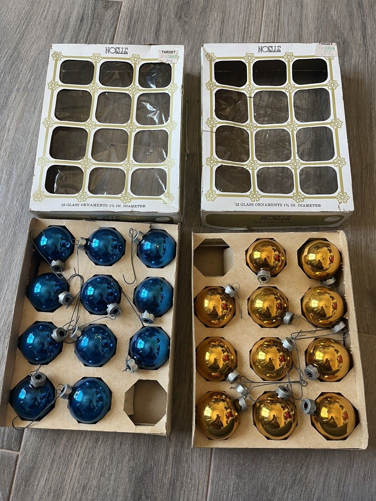2 BOXES Noelle Vintage Blue & Gold Ornaments, Glass Made In USA 1-3/4\