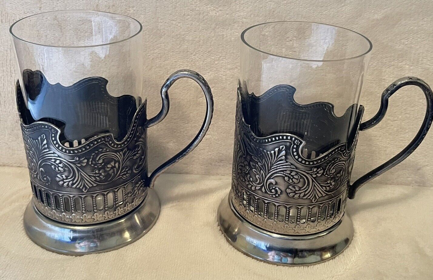 Set of 2 Vintage Russian Soviet Podstakannik Metal Tea Holders/Glasses Mark MHU