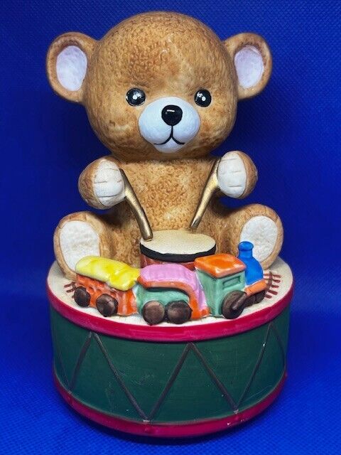 Vintage Christmas Teddy Bear Playing Drums Train Jingle Bells Rotating Music Box