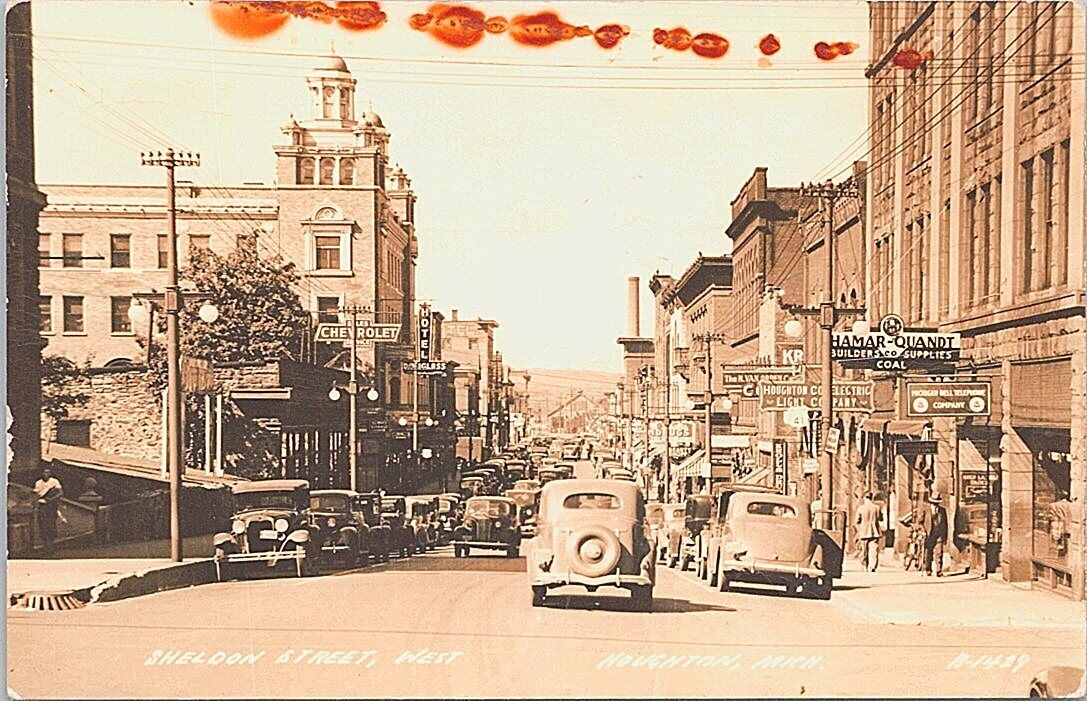 Houghton Michigan RPPC Street Scene 1942