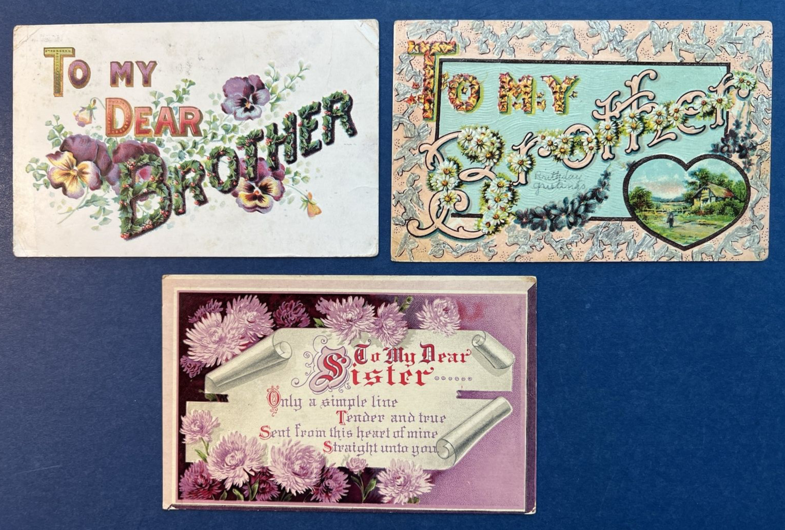 3 Brother & Sister Family Greetings Antique Postcards. EMB. Gold. Flowers, Scene