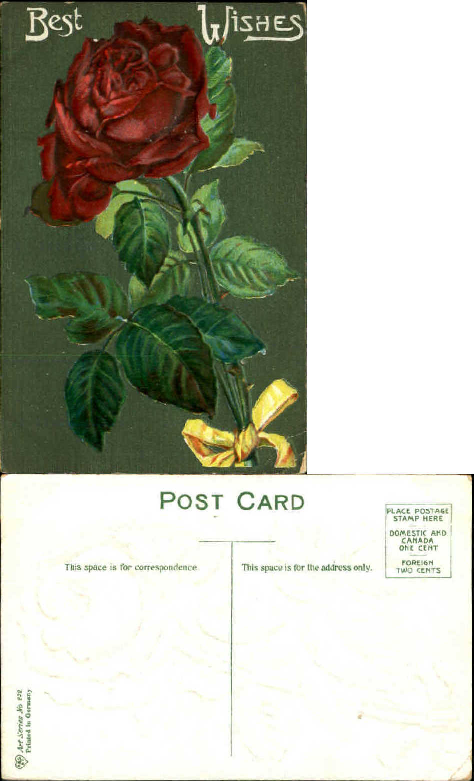 Best Wishes postcard ~ c1910 huge red rose ~ yellow ribbon ~ unused