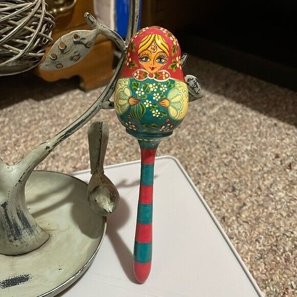 Hand Painted Matryoshka Wooden Baby Rattle Doll Hand Crafted