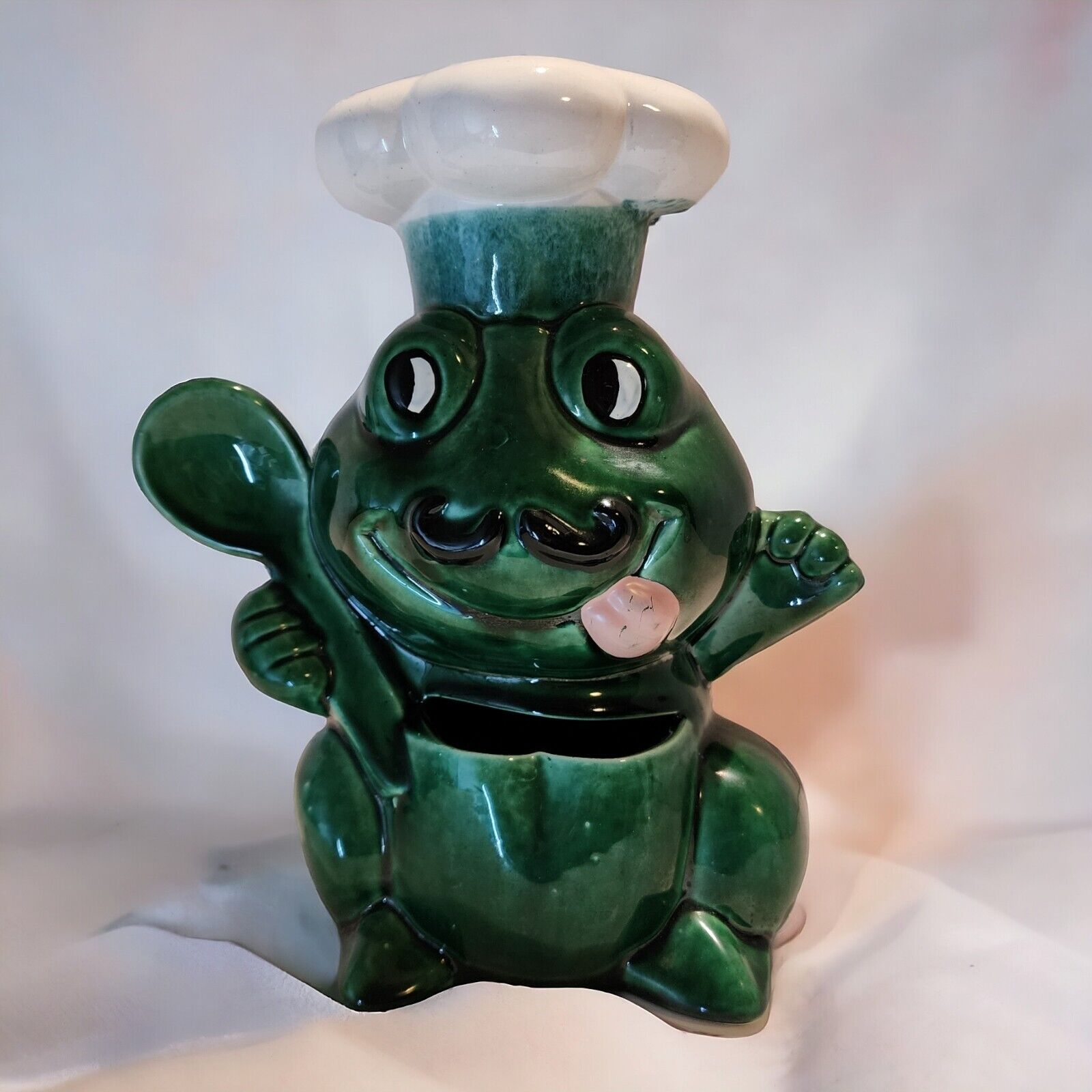 Vintage Ceramic Frog Chef W/Spoon Planter Green 70s 80s Kitsch 