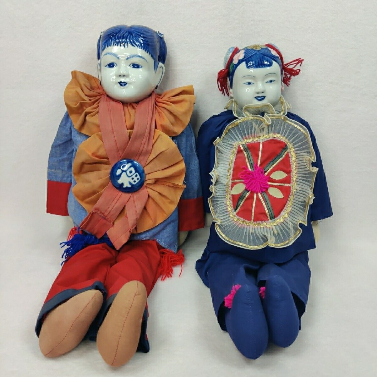 Pair of Vintage Traditional Chinese Lady Cloth Body Porcelain Head Dolls 24\