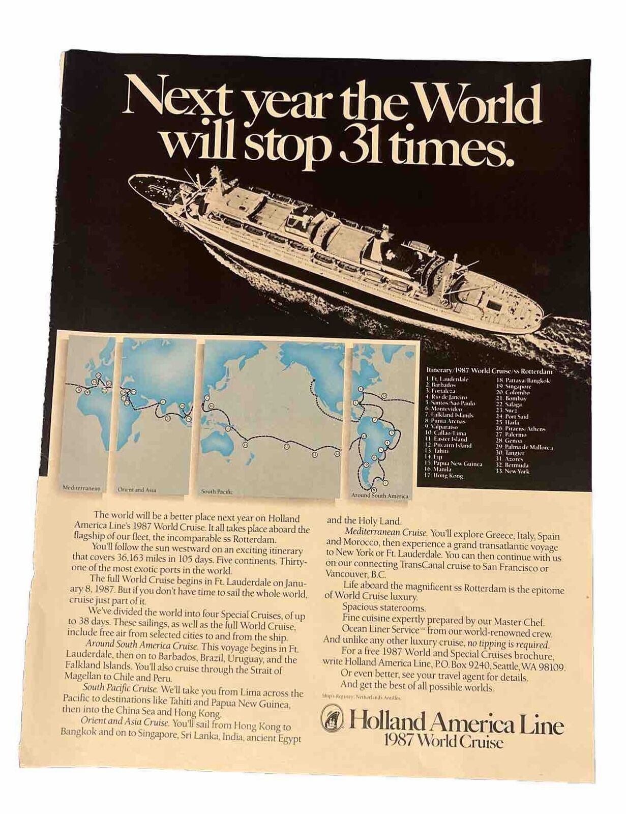 1987 Holland America Line World Cruise Vintage Print Ad 