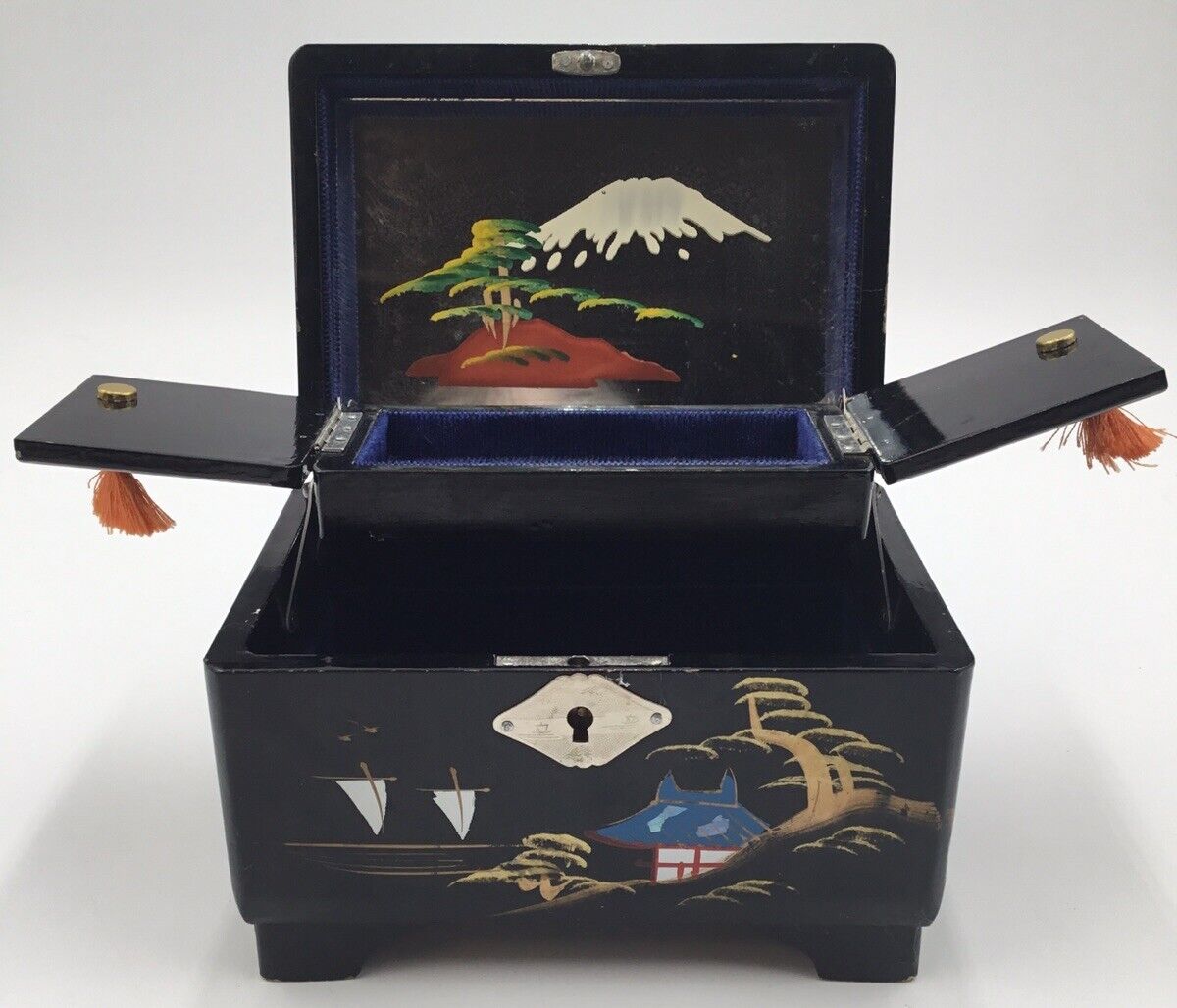 Vintage Black Lacquered Jewelry Box Hand Painted Japan