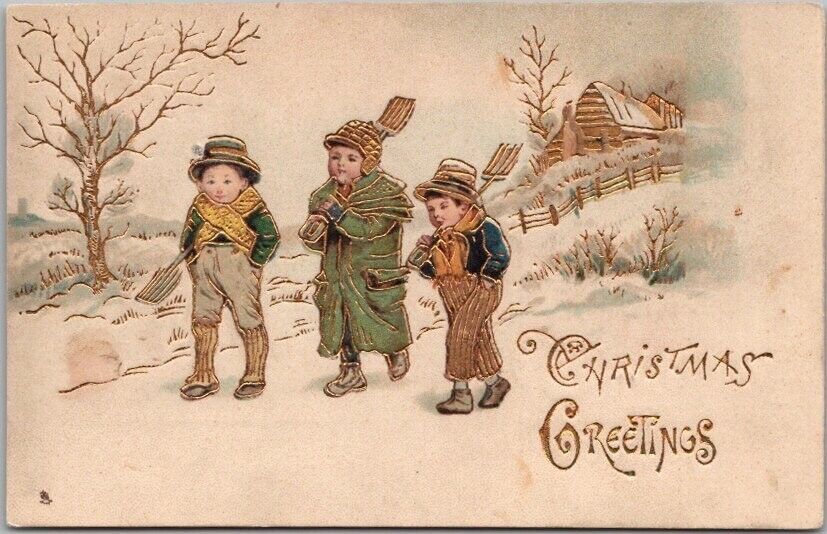 1910s CHRISTMAS GREETINGS Embossed Postcard Kids / Snow Shovels TUCK'S #8299