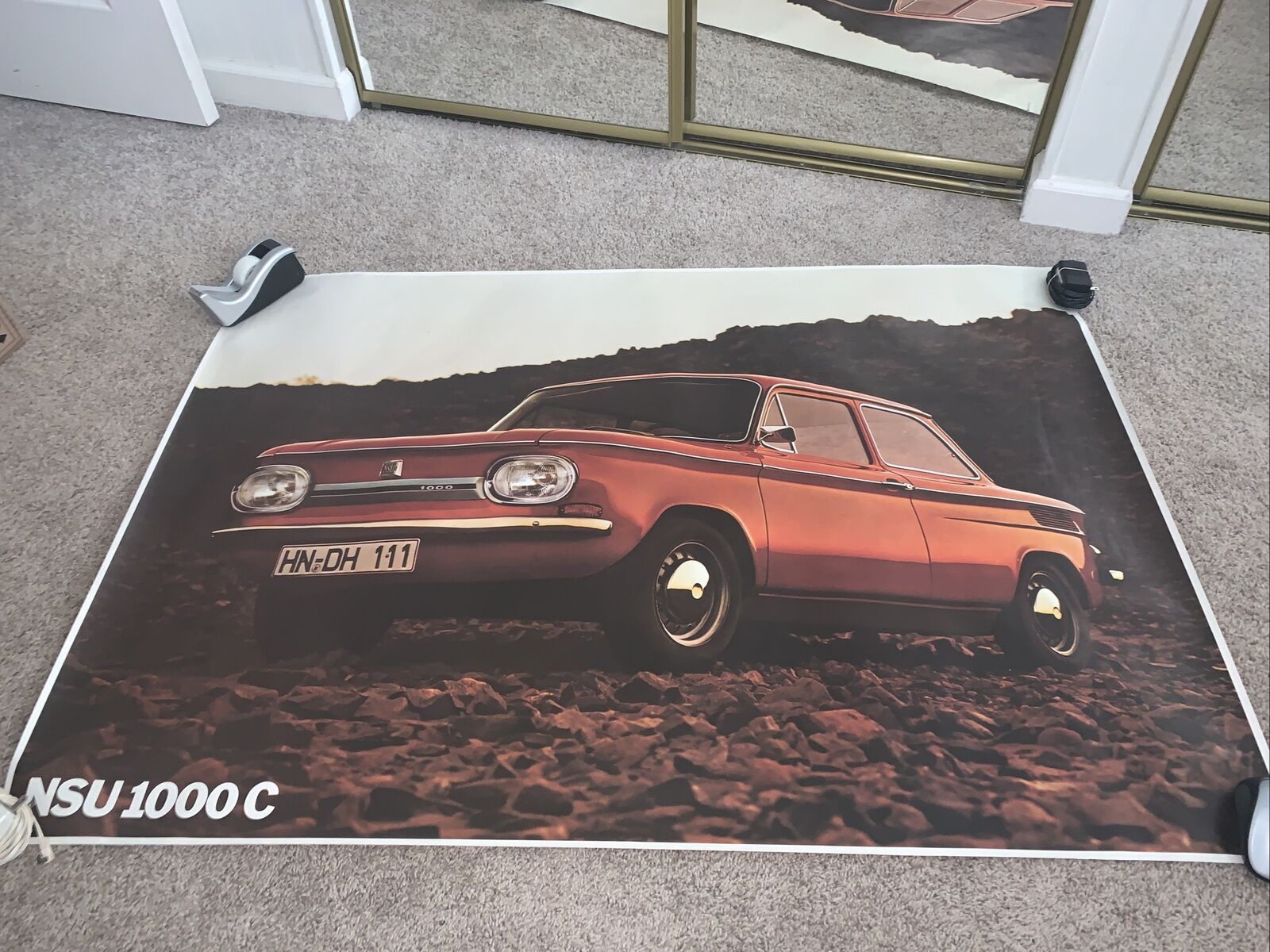 Vtg Giant NSU 1000 C DEALER SHOW ROOM POSTER NSU 47”X 33” The LEAPING CAR Unused