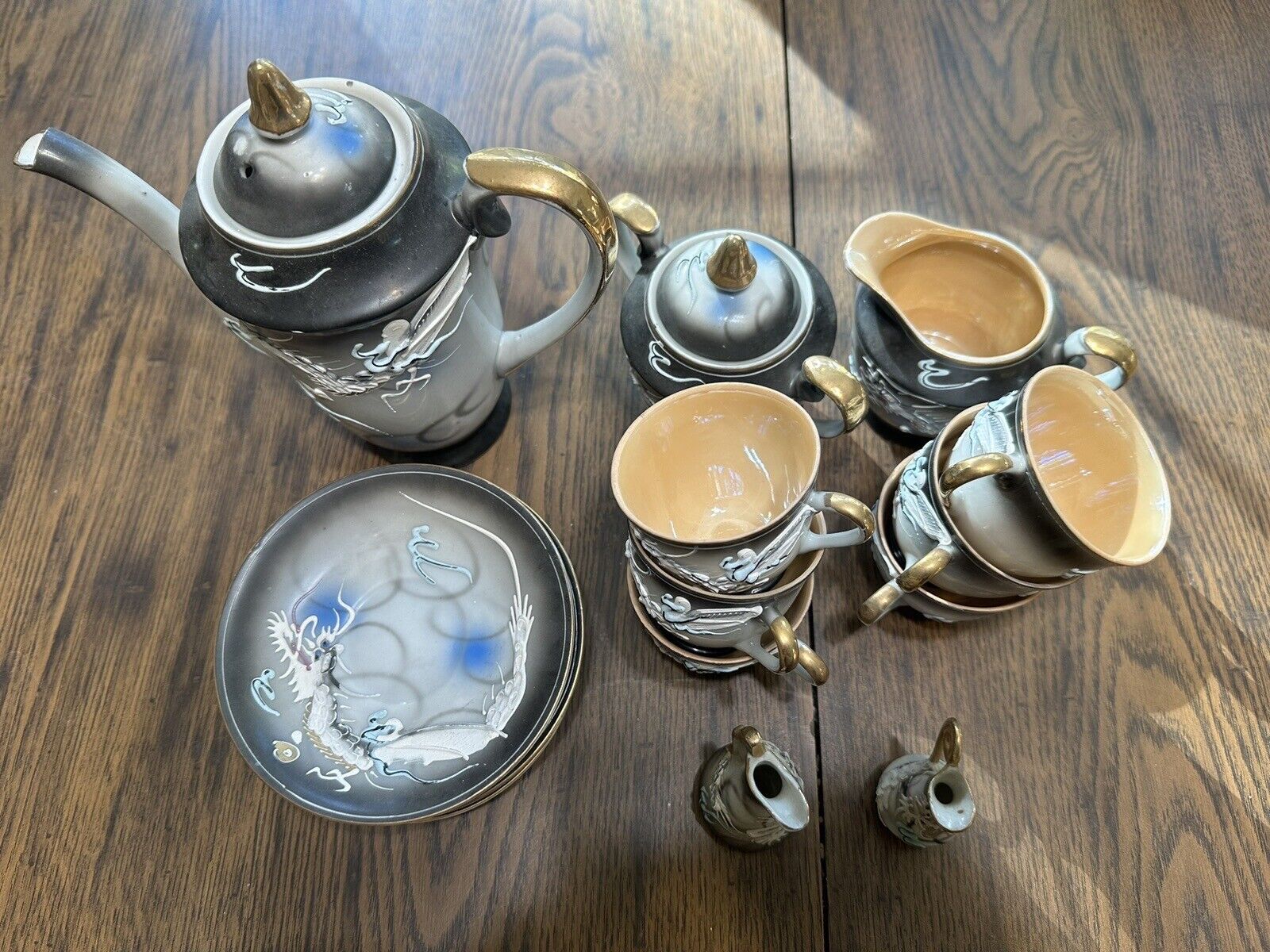 Vintage Japanese Hand Painted Moriage Dragon Tea Set For 6