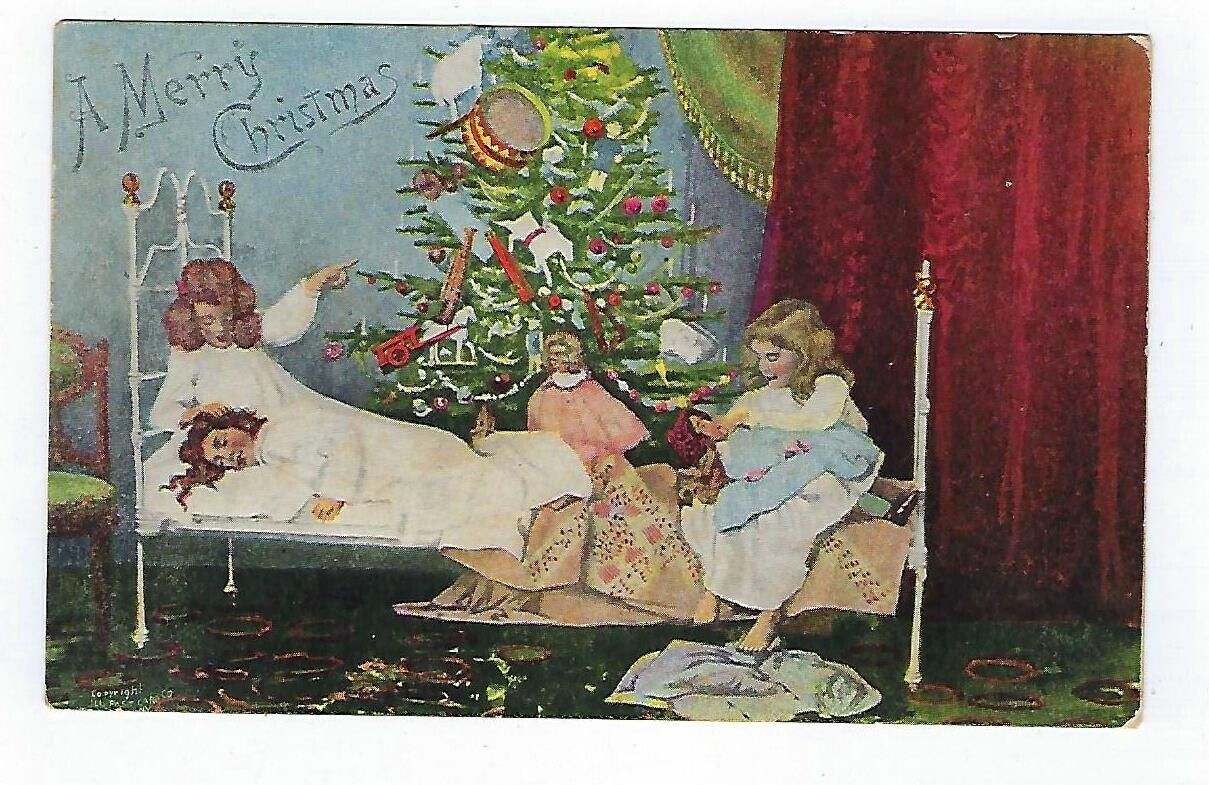 Early 1900\'s Christmas Postcard ILL. Postcard Co. 3 Girls at Bed Time Used