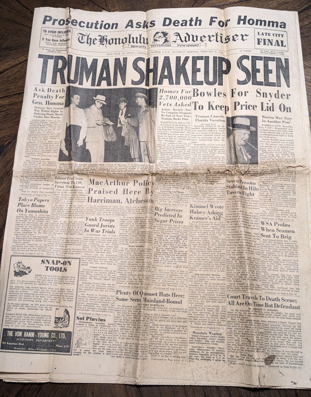 Vintage 1946 Newspaper Honolulu Advertiser Paper, Truman Shakeup Seen