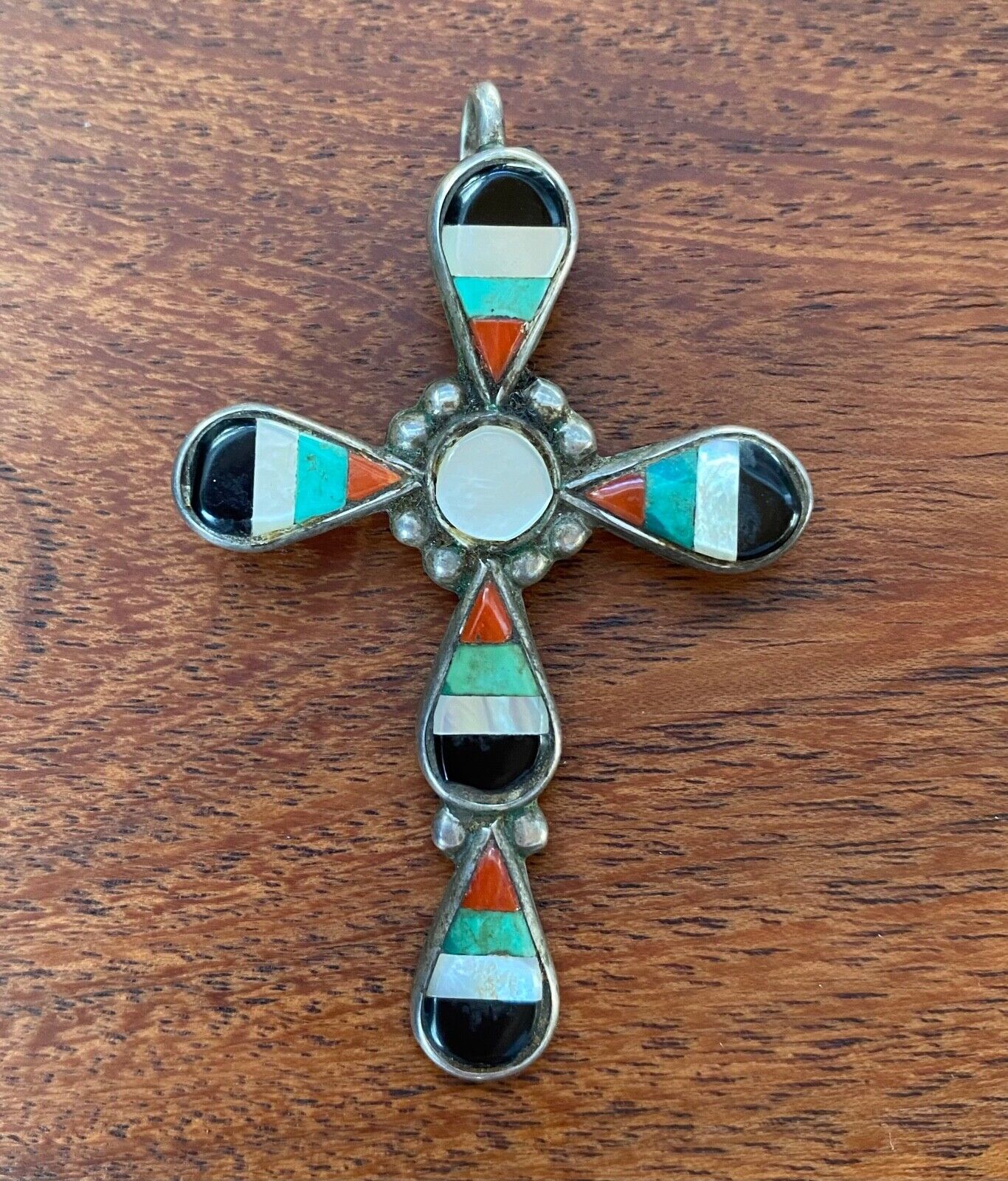 Old Zuni Native American Sterling Silver Inlay Cross-Signed