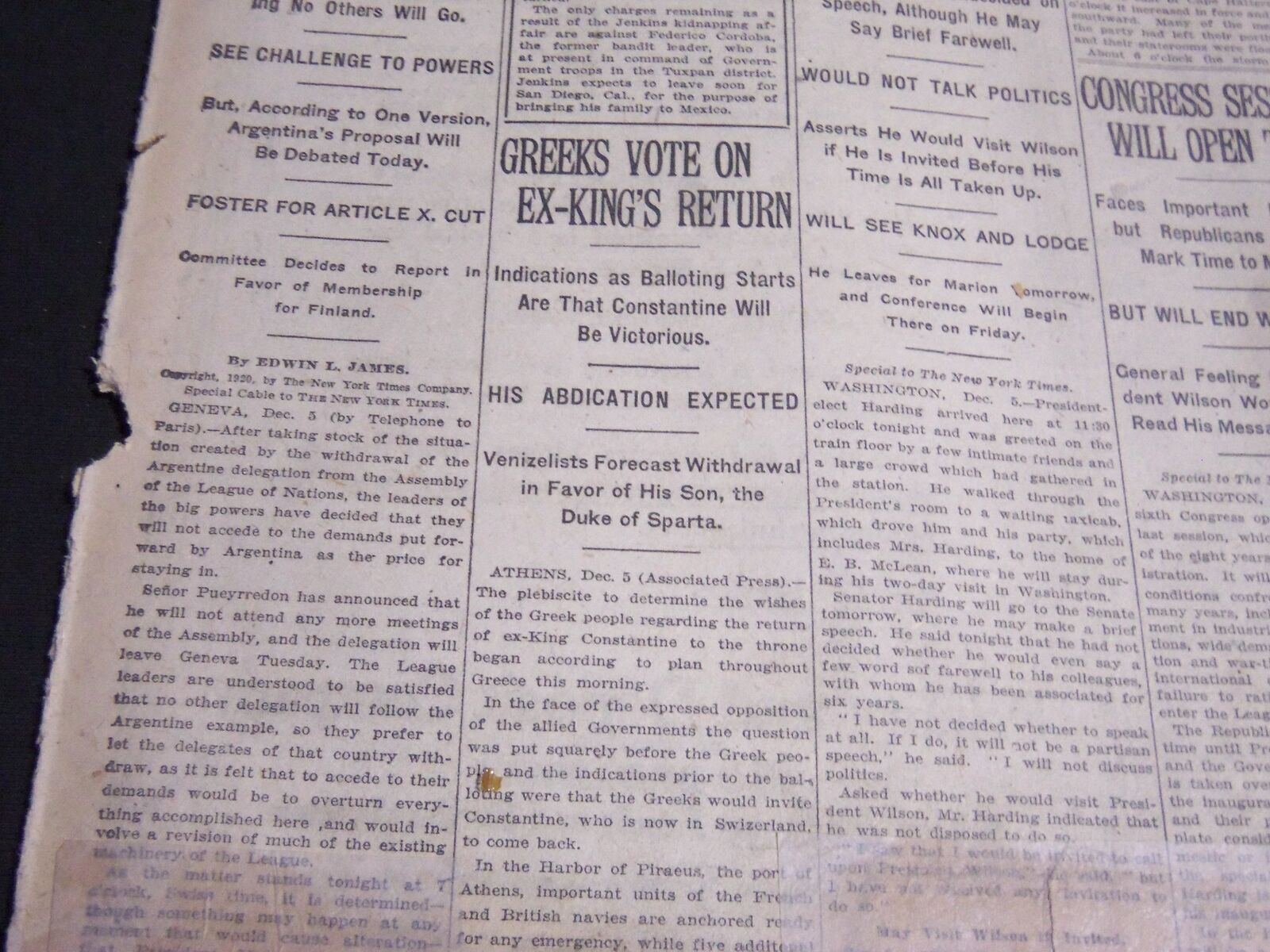 1920 DECEMBER 6 NEW YORK TIMES - GREEKS VOTE-ON EX-KING\'S RETURN - NT 6756