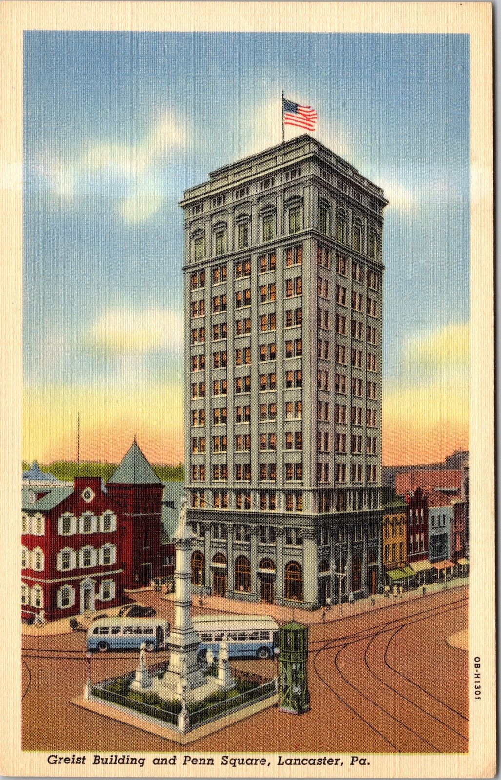 Lancaster PA-Pennsylvania, Greist Building, Penn Square, Statue Vintage Postcard