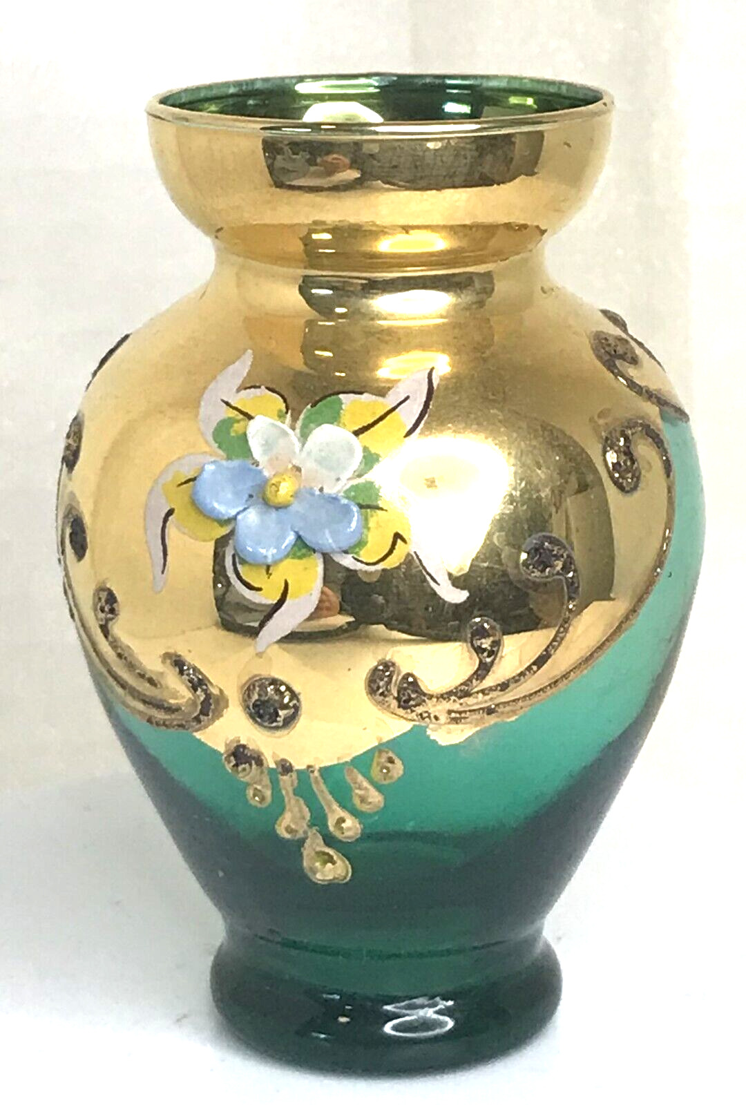 Vintage Handpainted 3” Turquoise/Green Bohemian Czech Glass Vase Floral MCM