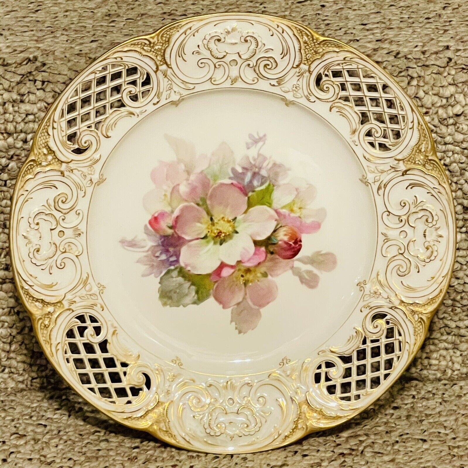 KPM Hand Painted Cabinet Plate with Intricate Pierced Rim with Flowers & Gilded