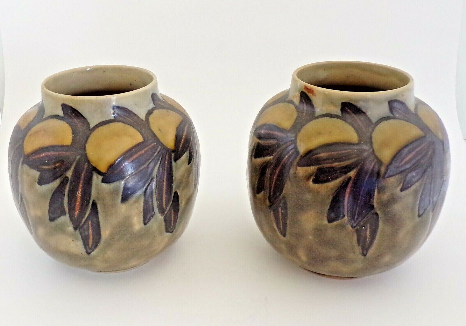Royal Doulton Lambeth Pair of Vases Lemons Fannie Allan Art Nouveau  1920
