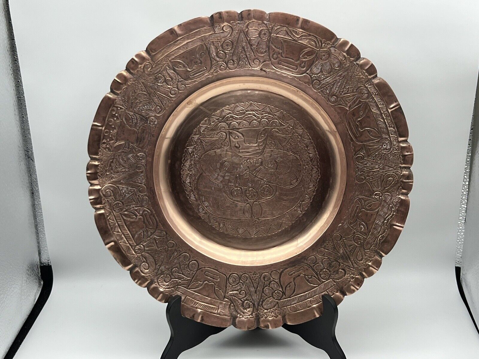 Vintage Hand Tooled Solid Copper Platter  Mexico or South America 