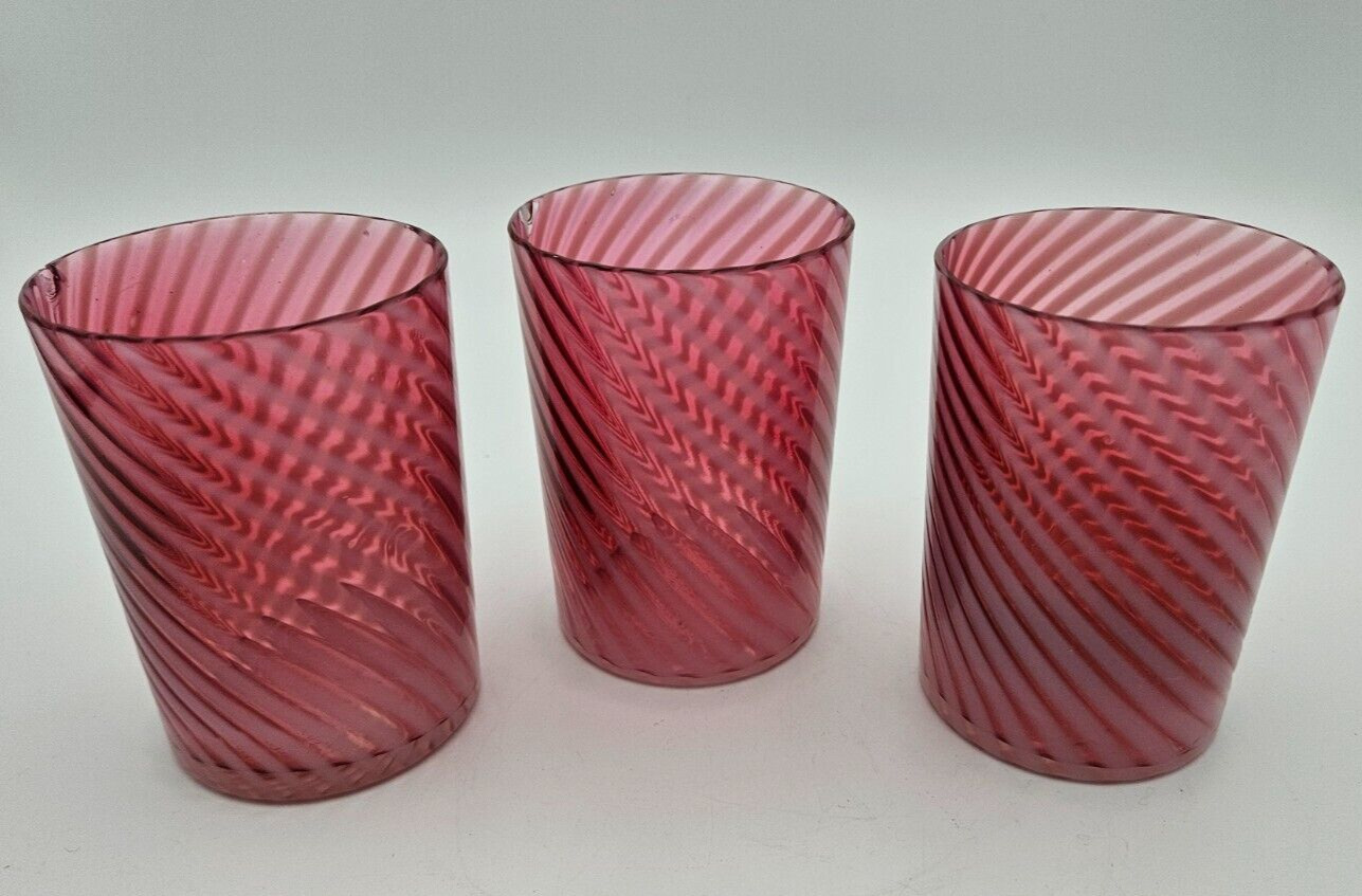 Three VICTORIAN EAPG Opalescent Glass Cranberry Swirl Pattern Tumblers