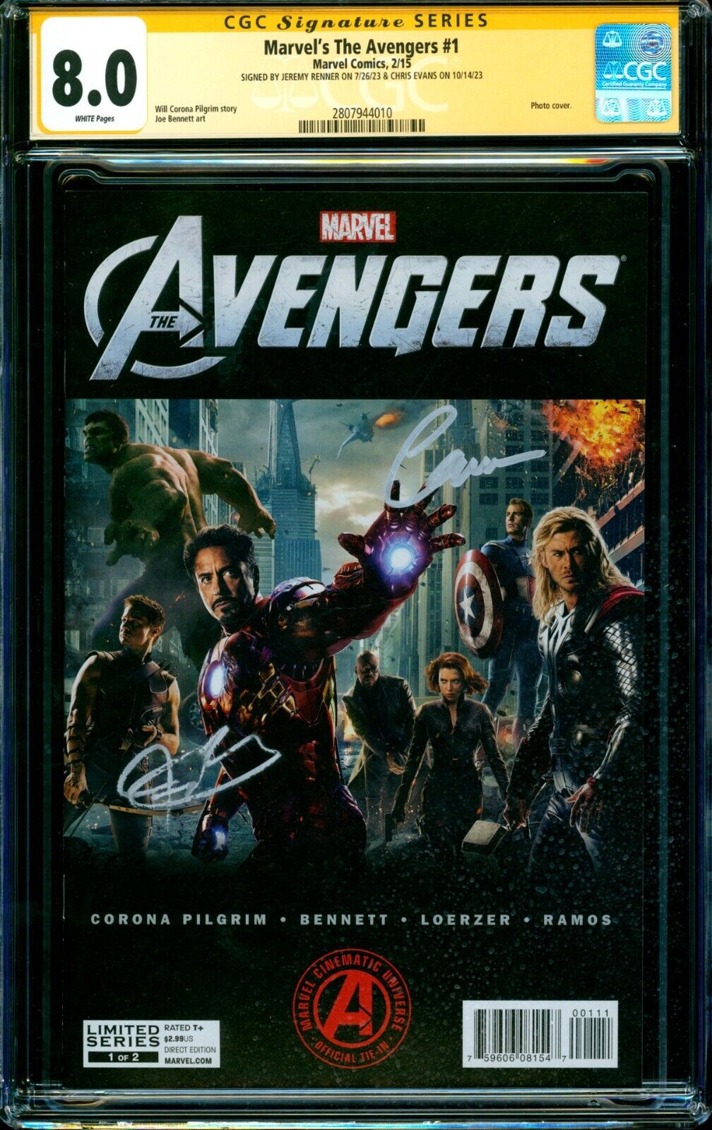 Marvel\'s The Avengers #1 PHOTO COVER CGC SS signed x2 Chris Evans Jeremy Renner