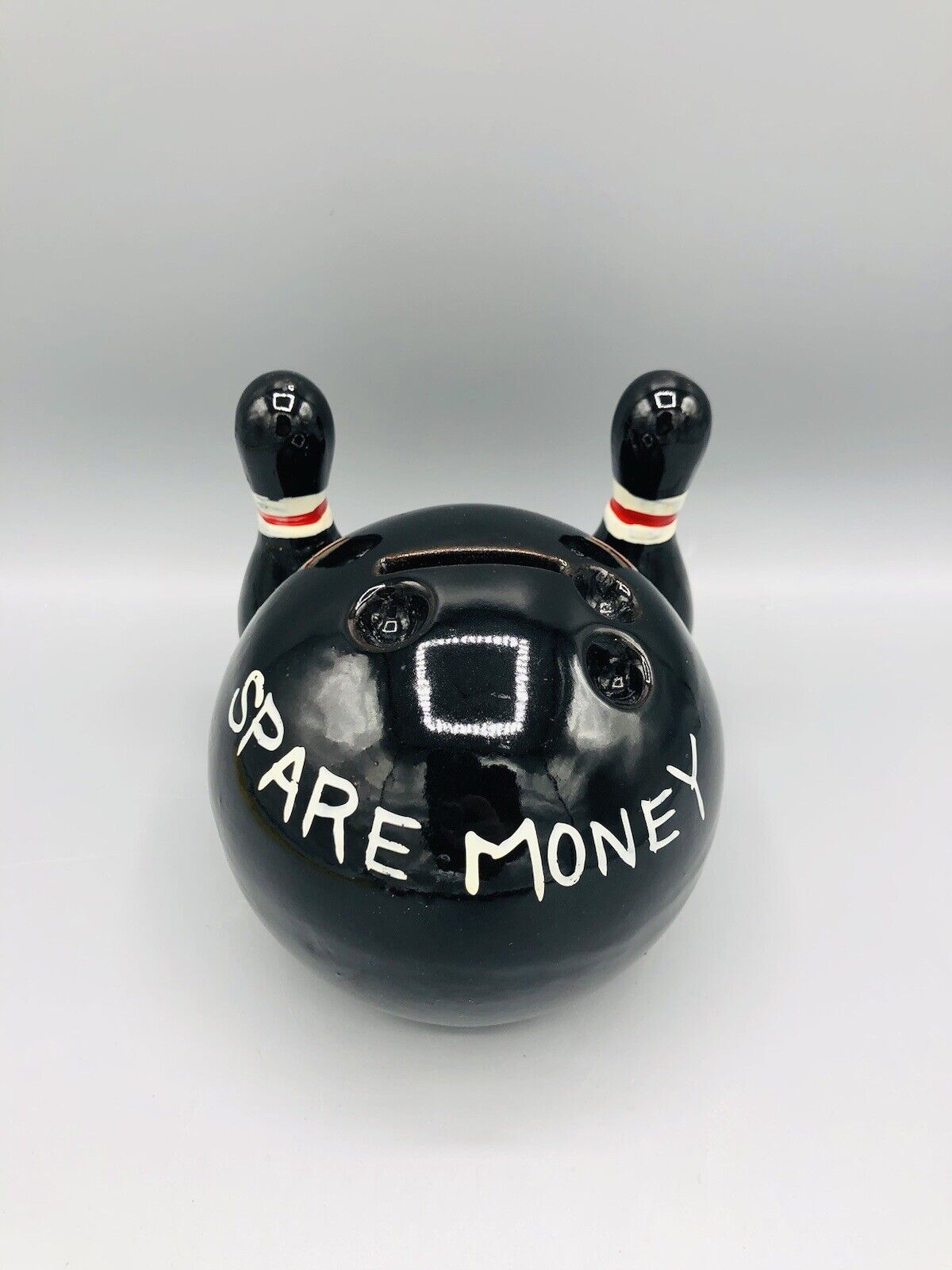 Vintage Mid-Century Bowling “SPARE MONEY” Ceramic Coin Bank with Stopper
