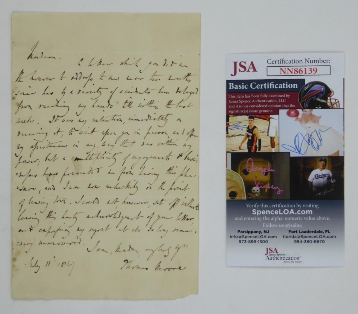 Thomas Moore Signed Autographed 1829 Hand Written Letter Irish Poet JSA COA