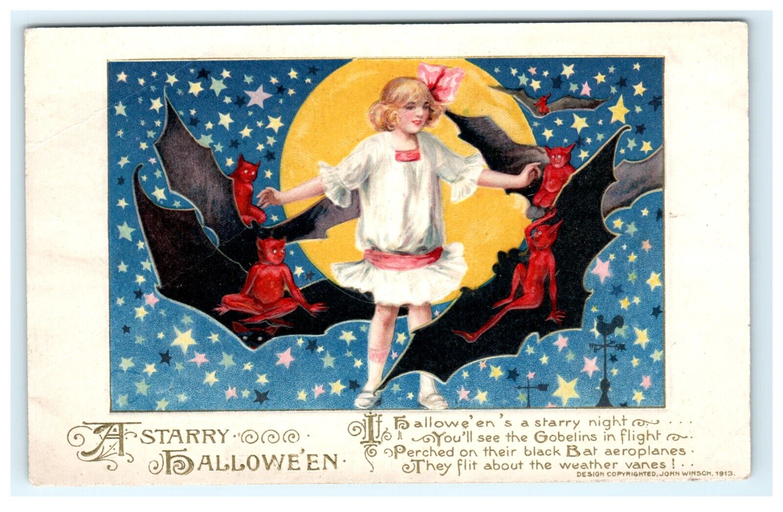 1913 John Winsch A Starry Halloween Postcard Gobelins Bats Girl Amesbury MA