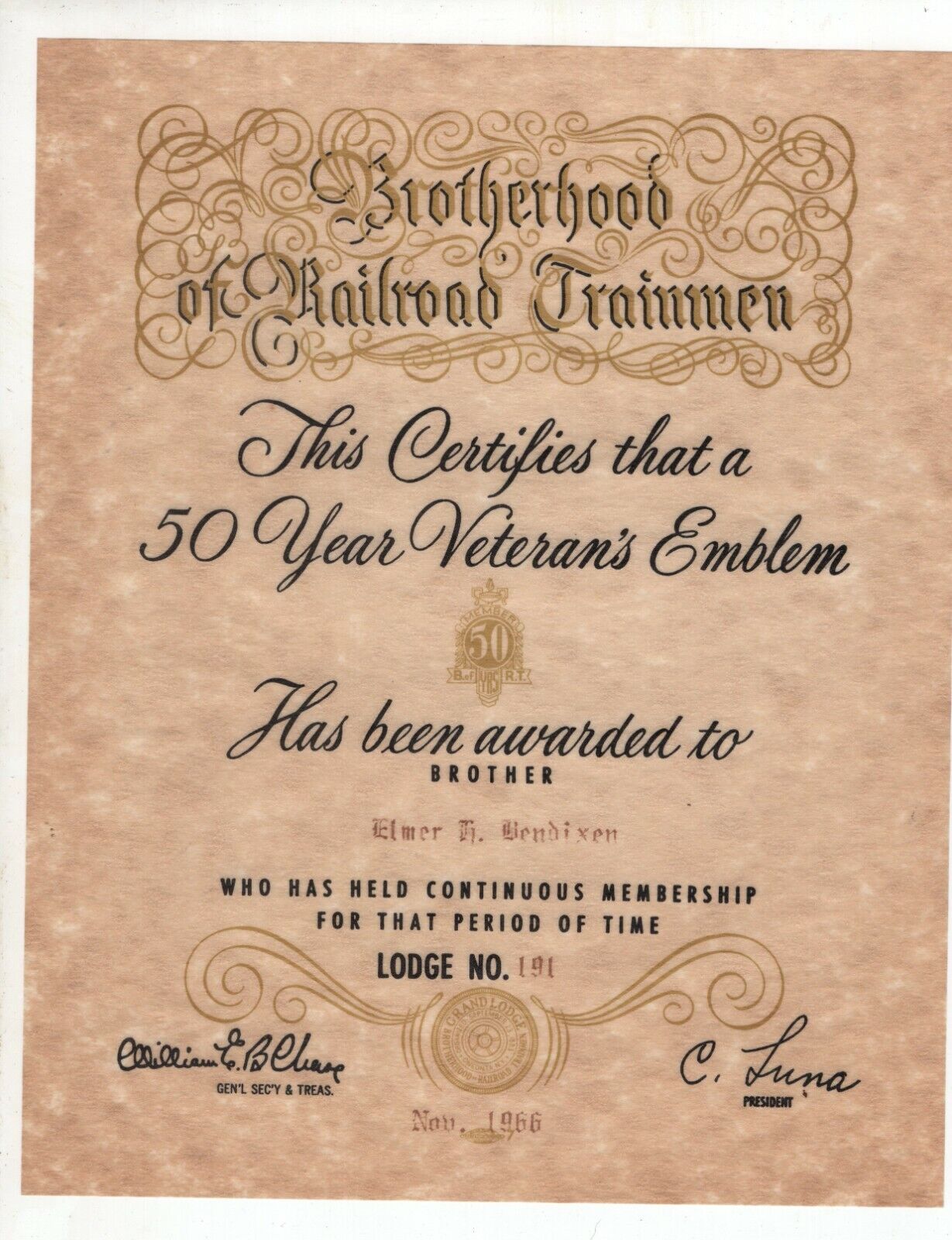 1966 Brotherhood of Railroad Trainmen Certificate for 50 Year Veteran\'s Emblem 