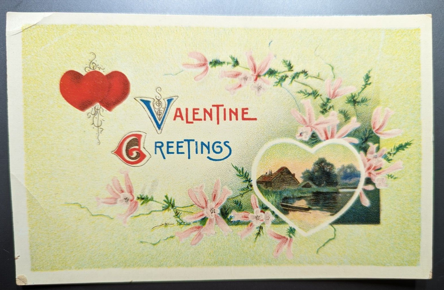 Antique 1913 Valentine Greetings Postcard Bucolic Scene Hearts Floral