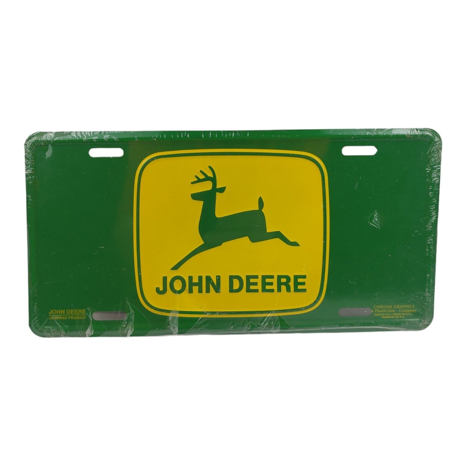 Vintage John Deere Metal License Plate Booster Made In USA Yellow Green Logo