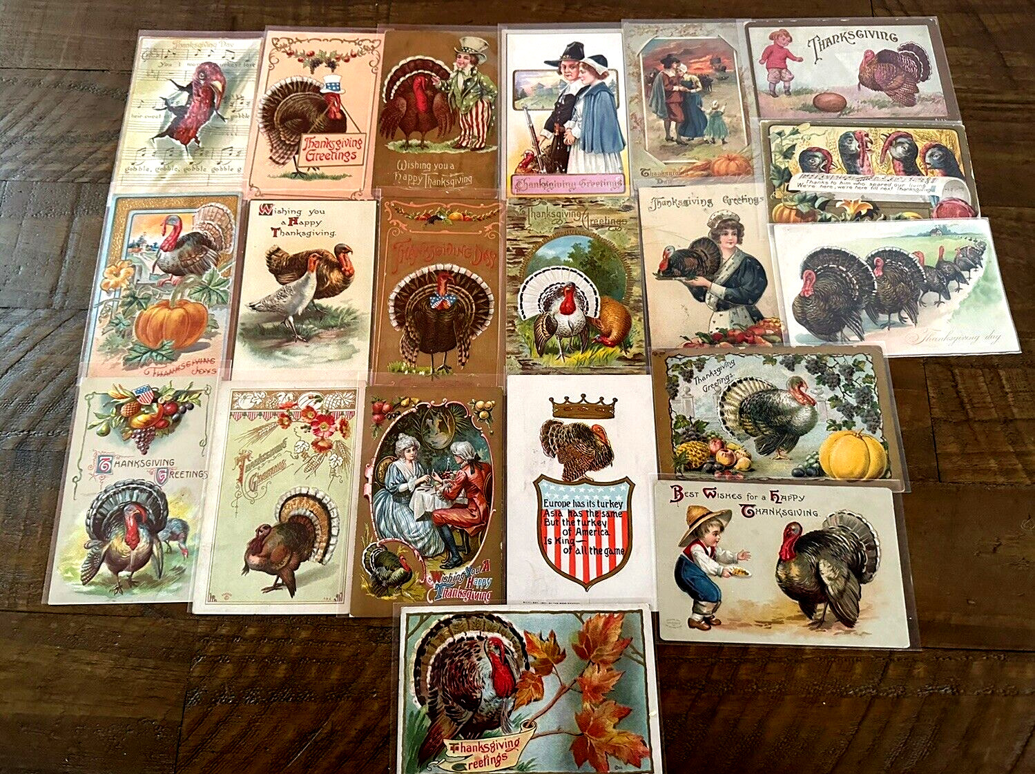 Big Lot of 20 Vintage ~Thanksgiving Postcards~Turkeys~Pilgrims~Patriotic~h730