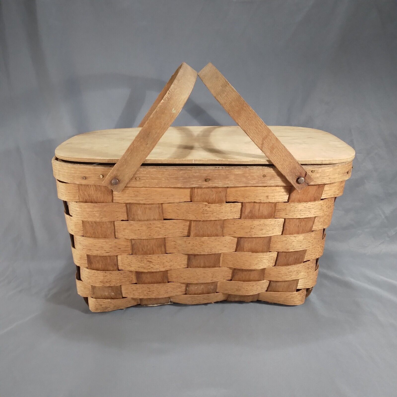 Vtg Vermont Basketville Hinge Lid Slat Woven Wood Picnic Basket Farmhouse 17x10