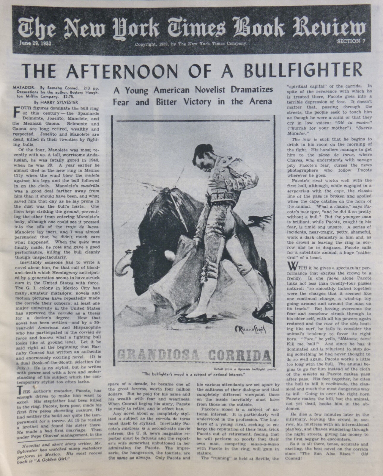 MATADOR CONRAD GRANDIOSA CORRIDA SYLVESTER 1952 June 29 NY Times Book Review