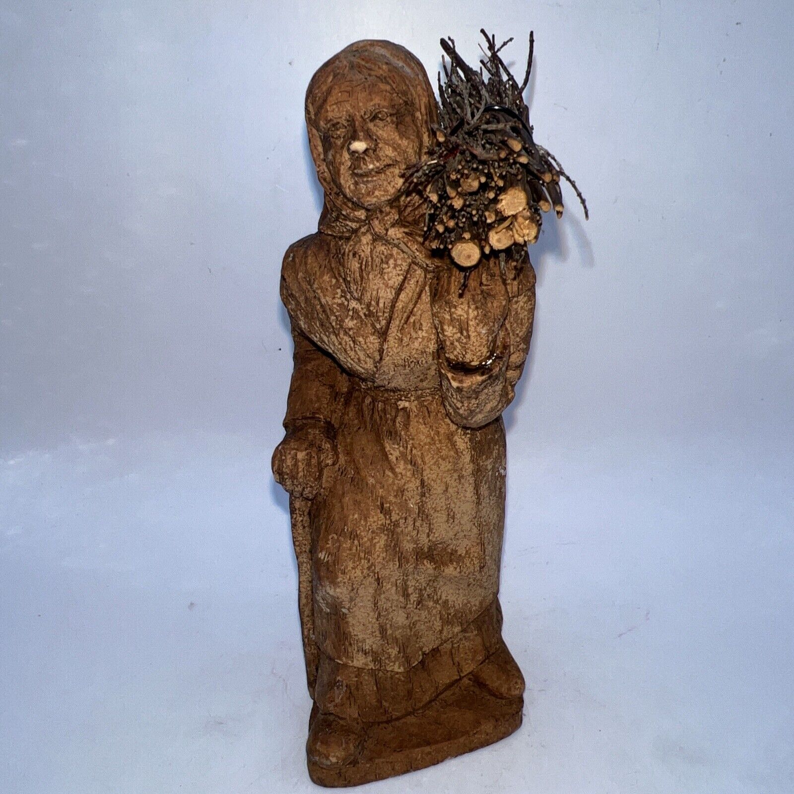 Vintage French Carved Wood Woman Carrying Firewood Made In France Signed SIC 4