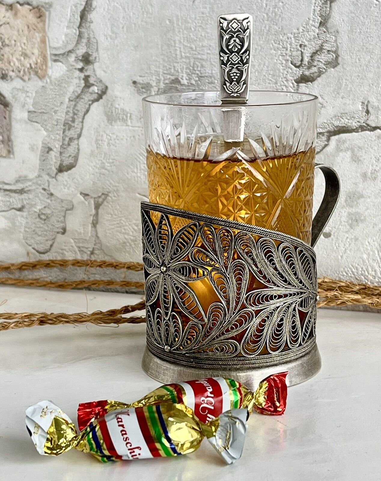 USSR Filigree Podstakannik Tea Glass  Holder Silver Plated