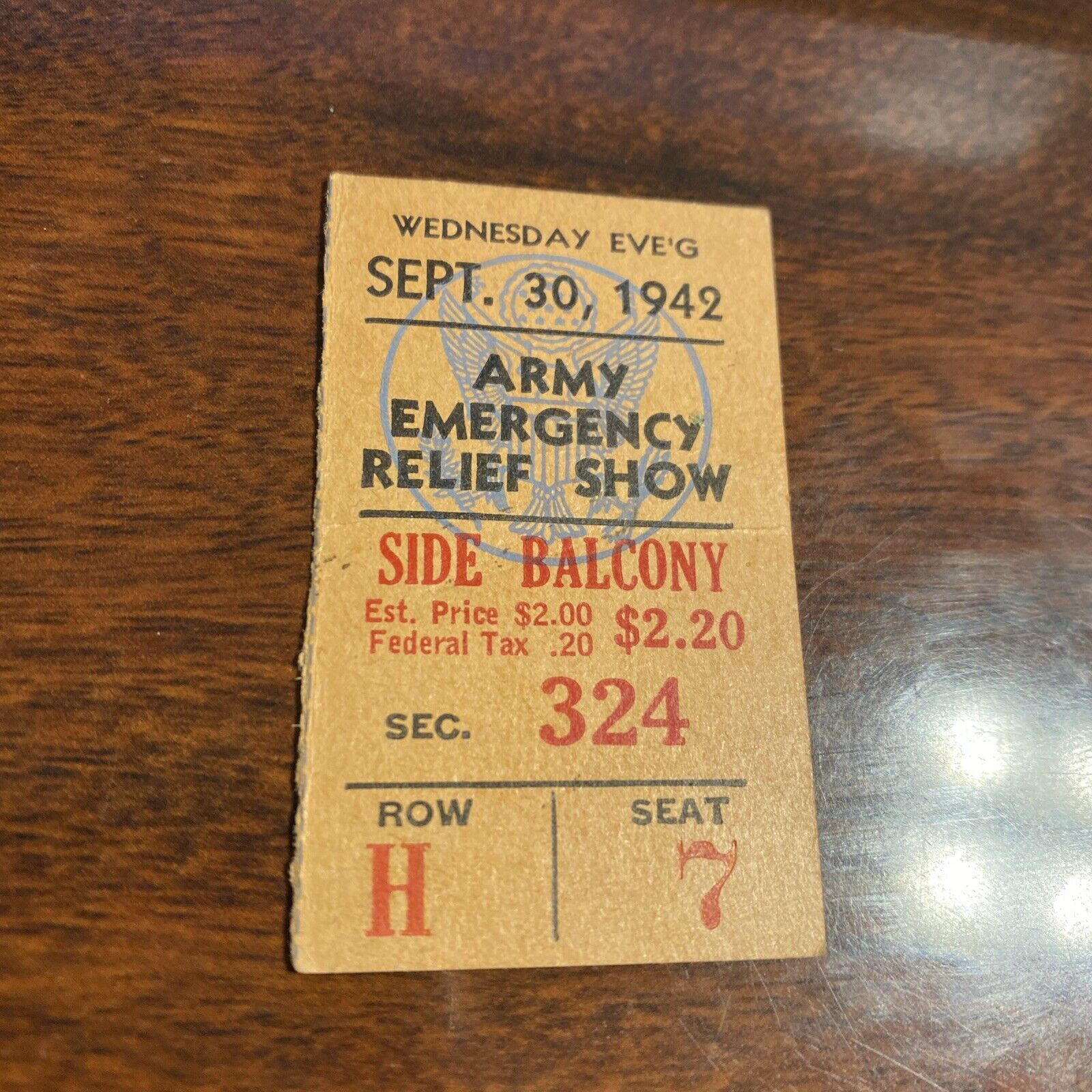 WW2 US Army Emergency Relief show VINTAGE TICKET STUB SEPT. 30, 1942 WORLD WAR 2
