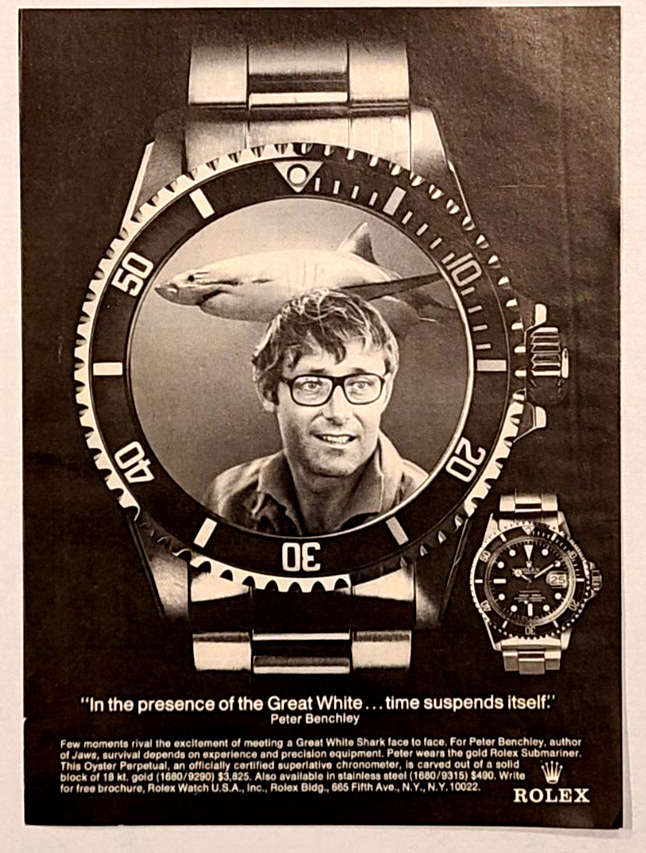 Rolex Oyster Perpetual Original 1975 Vintage Print Ad Great White Shark