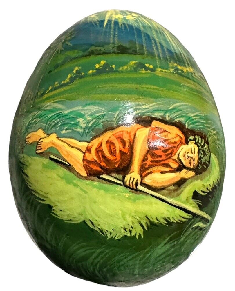 Vtg Russian Hand Painted Lacquered Wooden Egg ~ Boy Asleep In Hayfield - Signed