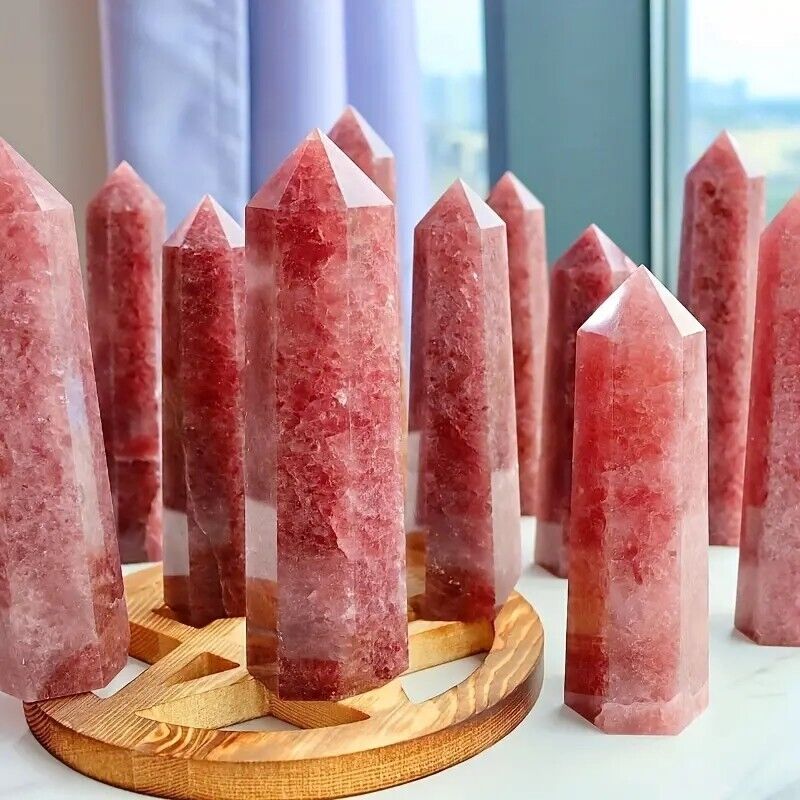 Natural Strawberry Quartz Healing Crystal Tower Point Obelisk Home Decoration
