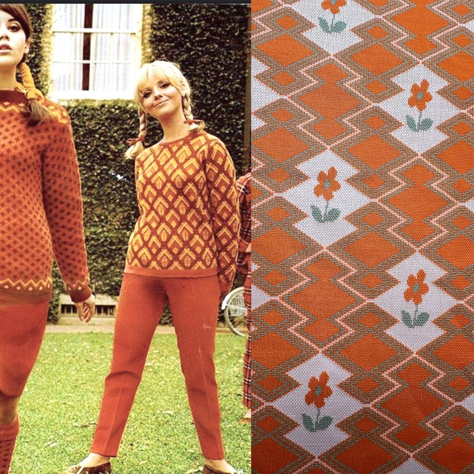 Vintage 70s Orange Plaid Argyle Flower 1-way Polyester Double Knit 59”x 64” wide