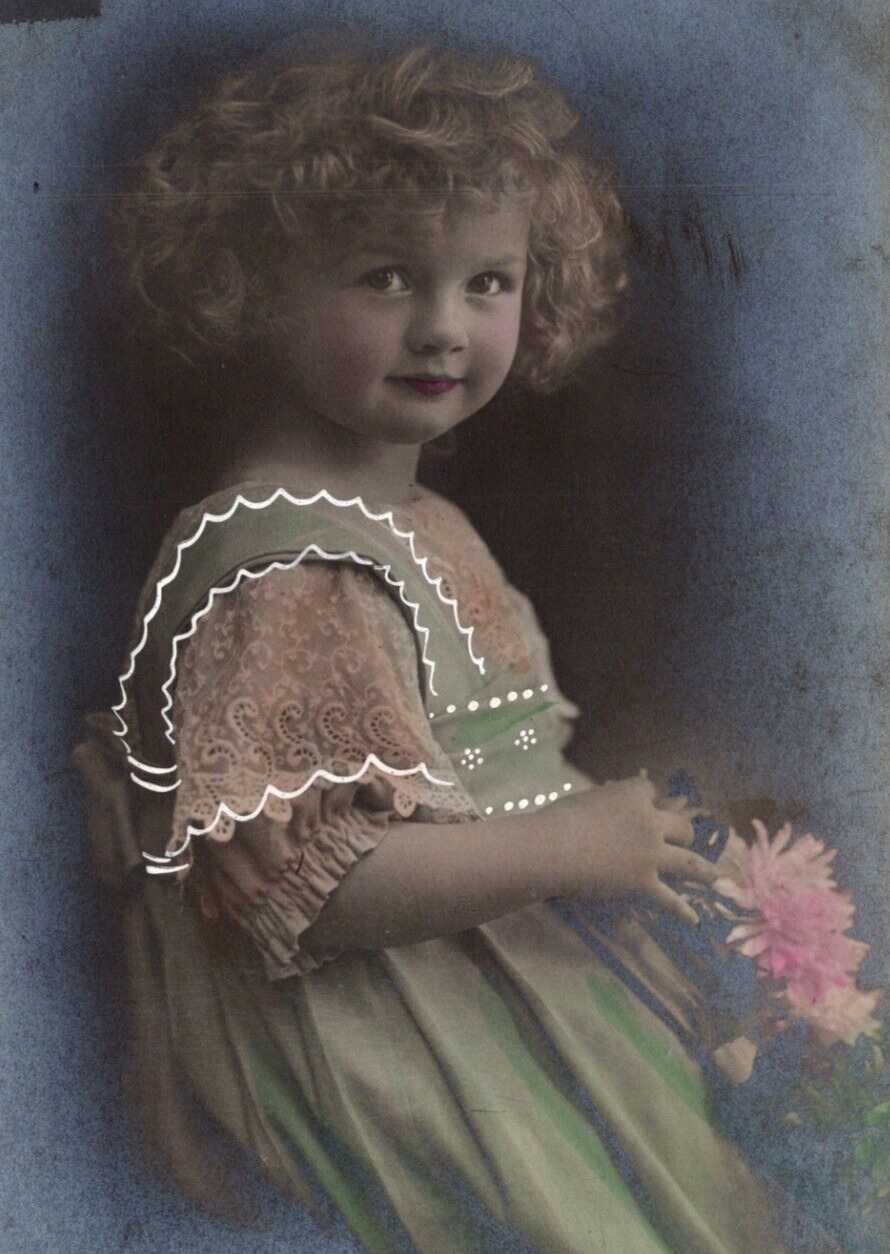 Early 1900s RPPC Studio Portrait Adorable Kid w/ Flowers, Hand Tint VTG Postcard