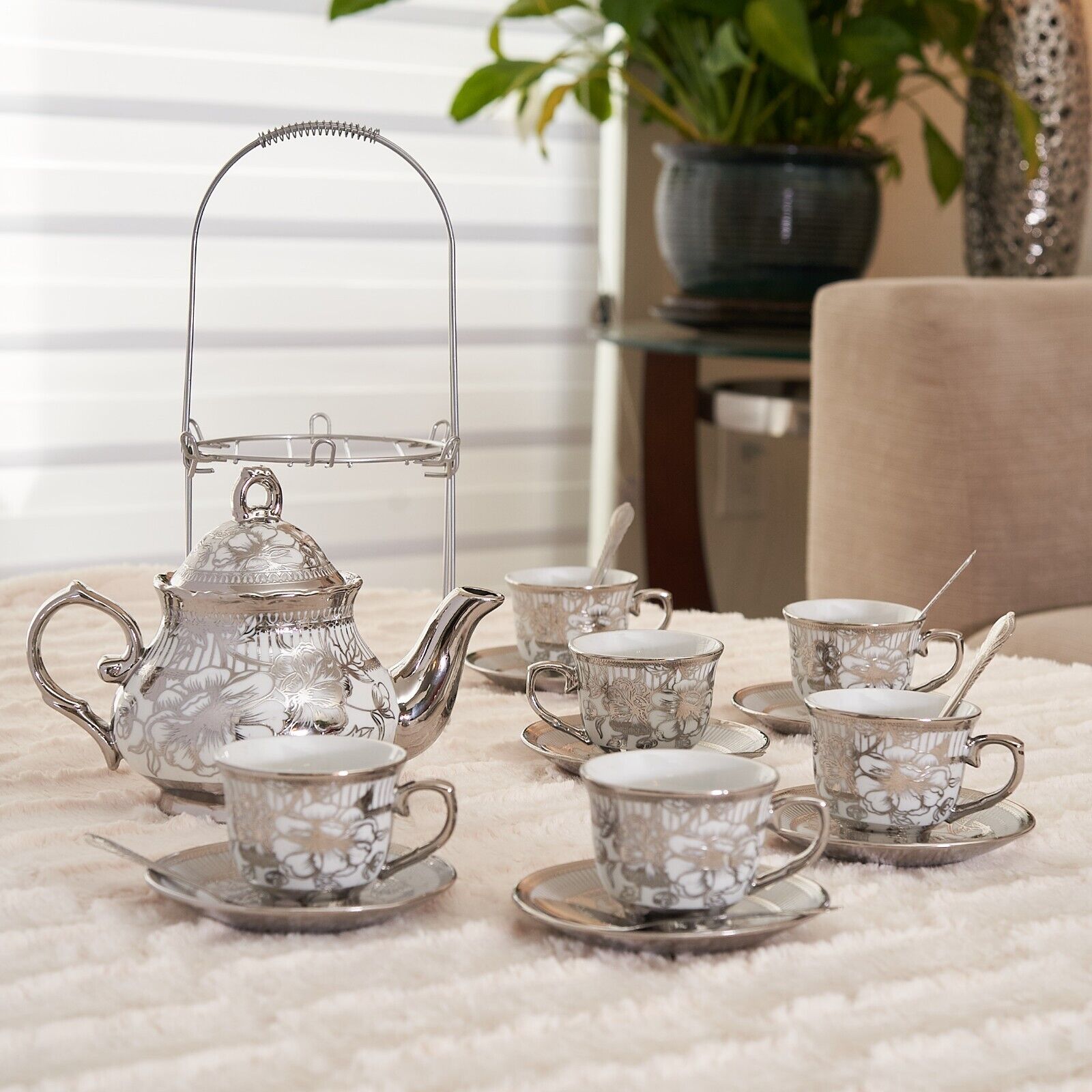 20pc Tea Set Tea Pot 6 Cups Saucers w/Rack Silver 3 oz cup Gift Teapot Coffee