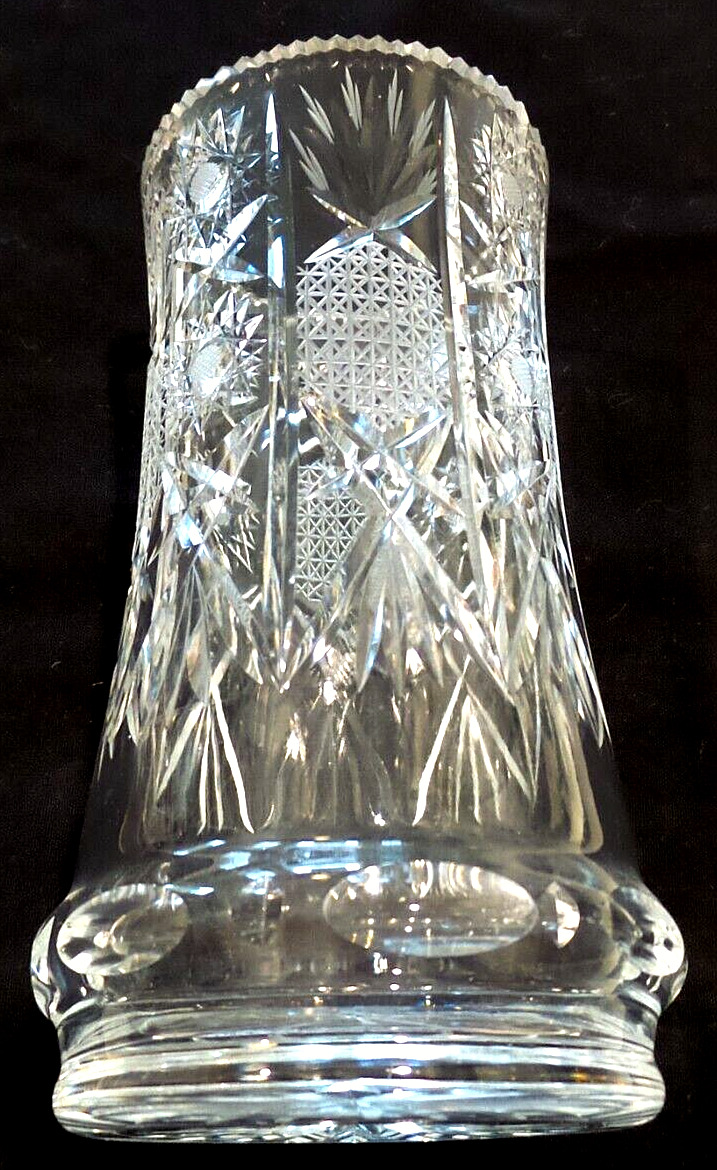 AMERICAN BRILLIANT CUT GLASS PINAPPLE PATTERN VASE WITH SAWTOOTH RIM 8