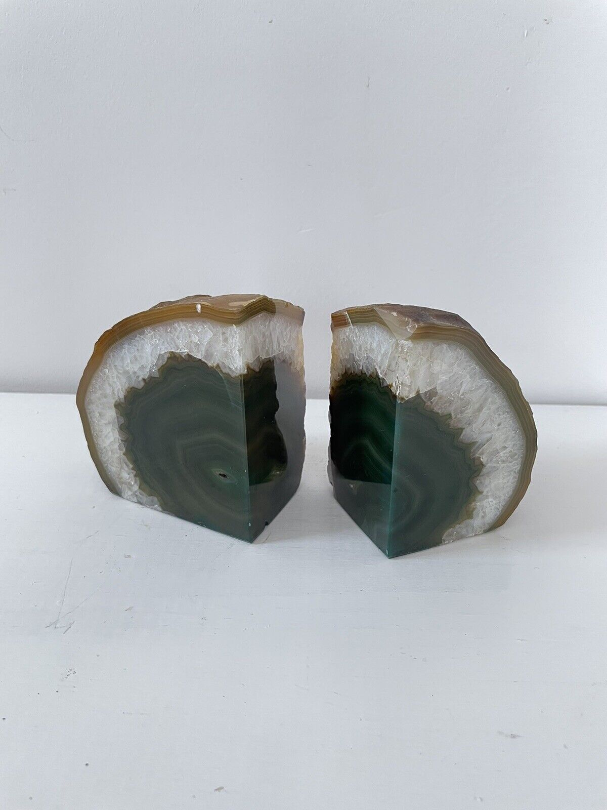 Vintage Brazilian Agate Geode Bookends Green Stone Crystal Pair Of 2